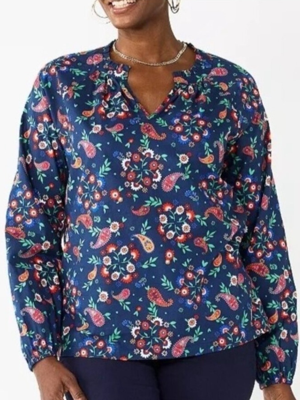 Croft & Barrow Pop Over Peasant Top Navy Blue Floral Country Cottage Career 2X